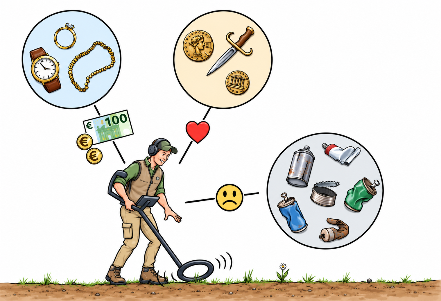 Illustration eines Schatzsuchers mit Metalldetektor und Symbolen für Geld, Liebe, Geschichte und Müll.
